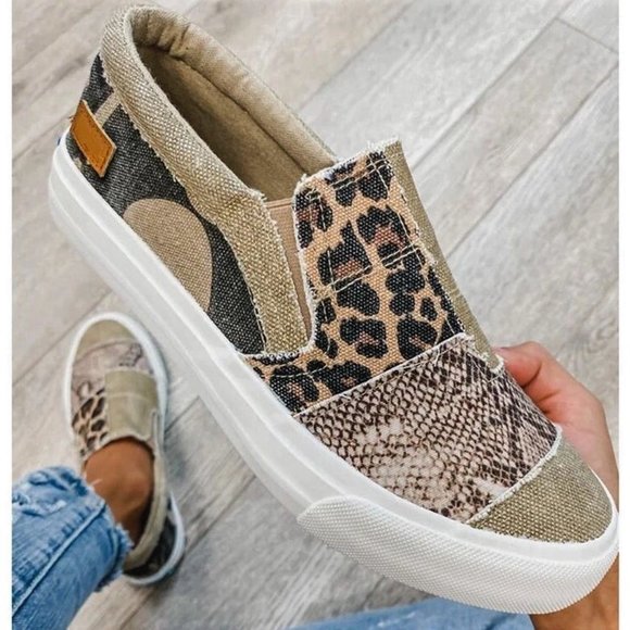 POPULAR Khaki Leopard Print Slip on Sneakers - Picture 2 of 4